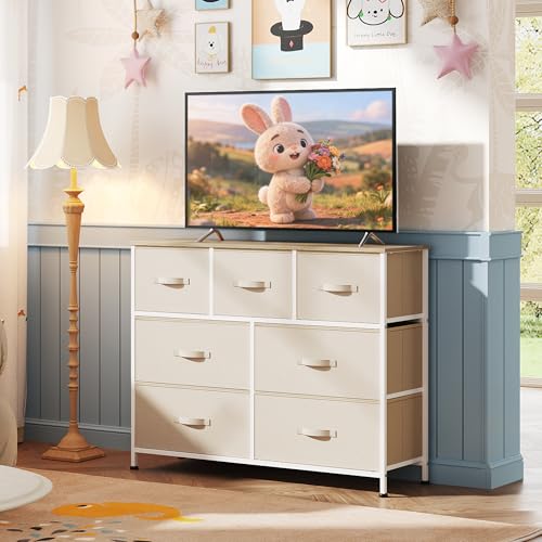 WLIVE 7 Drawer Dresser TV Stand, Entertainment Center, Media Console Table with Metal Frame and Wood Top for TV up to 45 inch, Chest of Drawers for Bedroom, Living Room, Cream White - color: Cream White