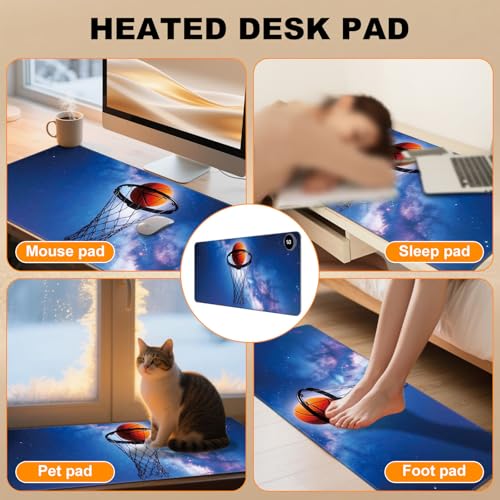 Heated Desk Pad 31.5" x 13" 3 Large Heated Mouse Pad with Heat Levels (40°C/45°C/50°C) & 3H Auto Shut-Off Desk Mat Fast Heating PU Leather Warmer Mousepad for Home Office - Basketball in Galaxy - color: Basketball in Galaxy, size: 31.5 x 13 inch