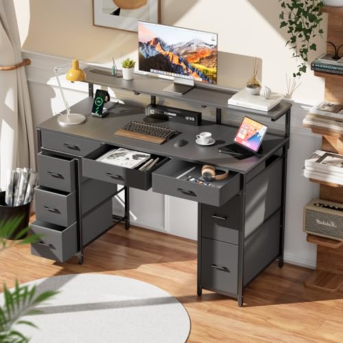 HLDIRECT 47 Inch Gaming Desk with LED Light and 8 Storage Drawers, Grey - color: Grey