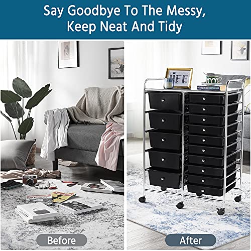 Yaheetech 15-Drawer Rolling Storage Cart on Wheels, Craft Organizer, Black - color: Black, style: 15 Drawers