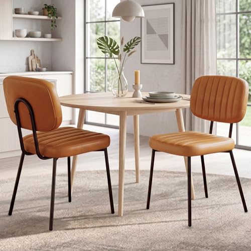 OLIXIS Dining Chairs Set of 2, Upholstered Kitchen Chairs, Brown | Faux Leather Comfortable Cushion Seat, Metal Legs with Backrest, Mid-Century Modern, Easy Assembly, Dining Room Home - color: Blown, size: 2 PCS