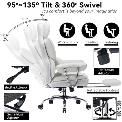 Efomao Big and Tall Office Chair 400lbs โ High Back Executive Chair with Swivel Base, PU Leather Upholstery, Lumbar Pillow, Padded Armrests, and Rolling Wheels๏ผWhite Computer Chair - color: 3008y White