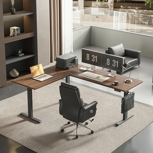 Agilestic 73 x 61 Inch L Shaped Electric Standing Desk, Dark Walnut - color: Dark Walnut, size: 73x61 Inch