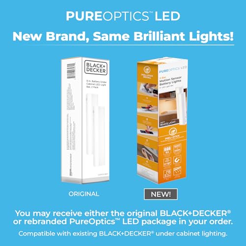 PureOptics LED Battery Operated Under Cabinet Lighting, Motion Sensor On/Off, Warm White LED, Stick-On Install for Kitchen & Closets - 2 Bars - size: 2 Bars