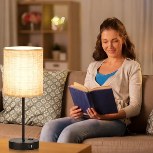 Lynnoland Set of 2 Touch Control Table Lamps, 3-Way Dimmable Bedside Nightstand Lamps for Bedroom Living Room Nursery, 800 Lumens 3000K Warmlight Bulbs Included - color: Rattan & Matte Black