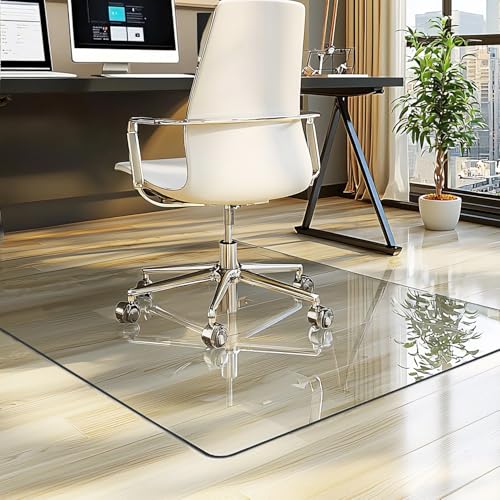 JAMBALAY 55″×46″ Tempered Glass Chair Mat, Heavy Duty Glass Office Floor Mat for Carpets and Wooden Floor, with 12 Anti-Slip Pads, Polished Edges and Round Corners, Easy Roll On, Thick 0.2″ - size: 55"x46"-No Lip