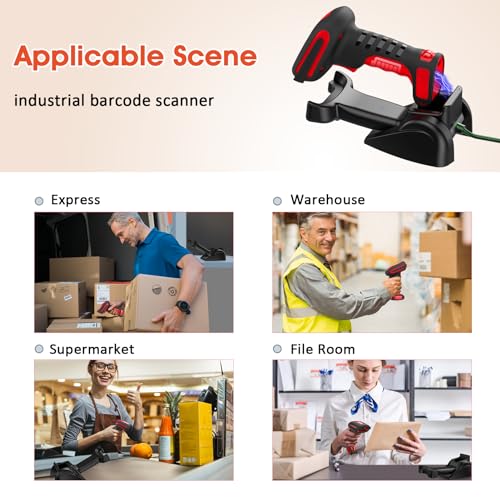 Symcode 2D Industrial Barcode Scanner with Stand 433 Wireless 1968 Feet Transmission Distance USB QR Automatic Barcode Reader Handhold Hands-Free Bar Code Scanner with Charging Base Red