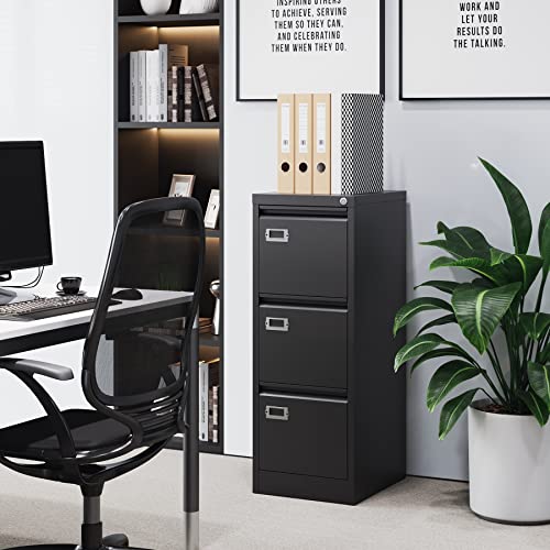 BYNSOE 3 Drawer File Cabinet with Lock Metal Vertical File Cabinet Office Home Narrow File Cabinet for A4 Legal/Letter Size,Assembly Required (Black, 3 Drawers-Vertical) - color: Black, size: 38.62"H x 17.71"D x 15"W