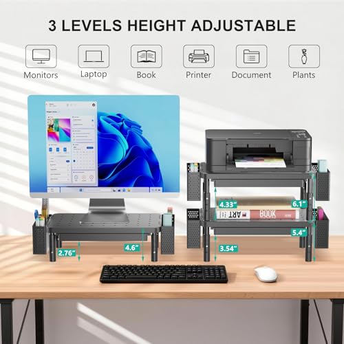 WALI Computer Monitor Stand with Storage and Pen Holder | 3 Height Adjustable Desk Organizer with Drawer, Laptop Monitor Riser for Computer, Laptop, Printer(PTT003-B), 1 Pack, Black - color: Black, size: 14.6"L * 9.3"W,11" 1 Drawer, 2 Pen Holder