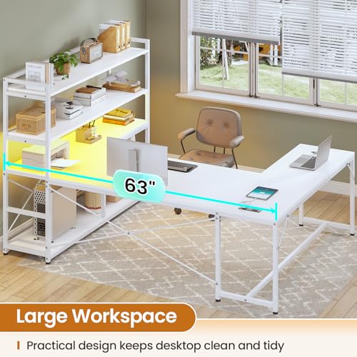 SEDETA 63” Reversible White L Shaped Computer Desk with Storage, Bookshelf - color: White