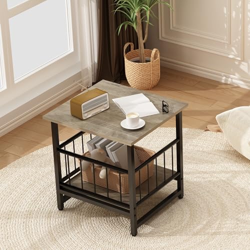 DHMAKER End Table, Industrial Side Table with 2-Tire Storage Shelf, 180LBS Mini Fridge Stand with Adjustable Feet, 18"x18" Wood Night Stand Small Bedside Table for Living Room Bedroom, Grey - color: Grey 1pc 18inch