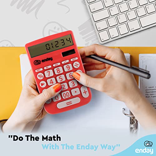 Enday Solar Powered Large Display 12 Digit Red Basic Calculator - Perfect for Office & School - color: RED