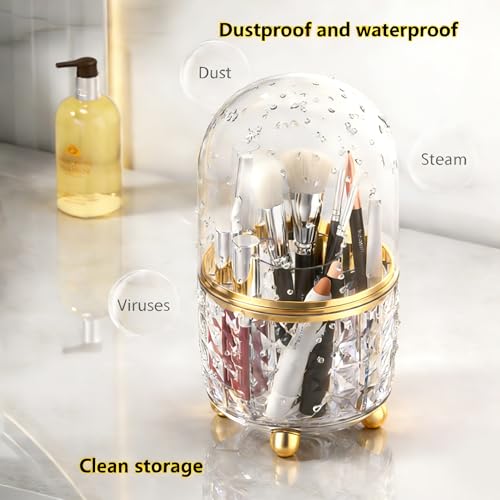 GOTOBA 360° Rotating Pencil Holder for Desk, Makeup Brush Holder with 6 Slots, Desk Organizer for Writing Utensil, Office and School Supplies (Clear with cover) - color: Clear with cover