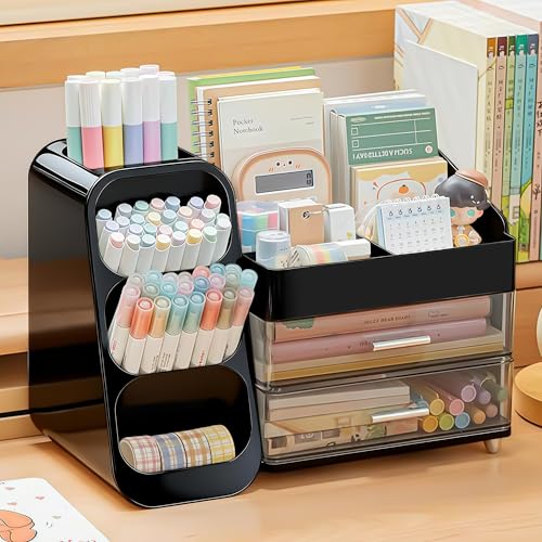 Desk Organizer with Pen Pencil Holder, Pen Organizer with 2 Drawers & 4 Compartments, Desktop Organizers and Storage for Office Home School Art Supplies (Black)