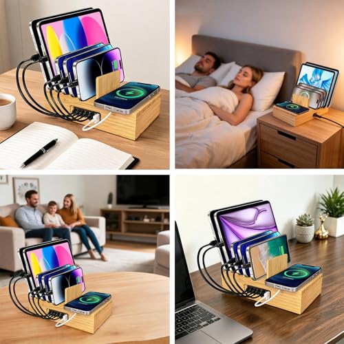 6 Port USB Charging Station for Multiple Devices 200W USB C Laptop Charger for MacBook Tablet 15W 3-in-1 Wireless Charger for iPhone/Apple Watch/AirPods Bamboo Charging Station Organzier