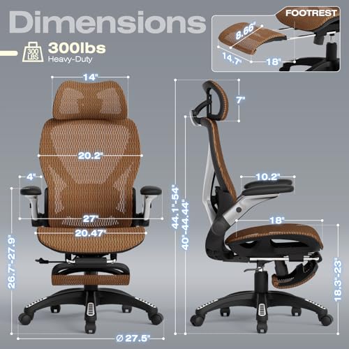 ELABEST X100 Ergonomic Mesh Office Chair with Footrest, Big and Tall Home Desk Chair with 5D Flip-Up Arms, Adjustable 3D Lumbar Support, Gaming & Executive Computer Chair (Tangerine Burst) - color: Tangerine Burst