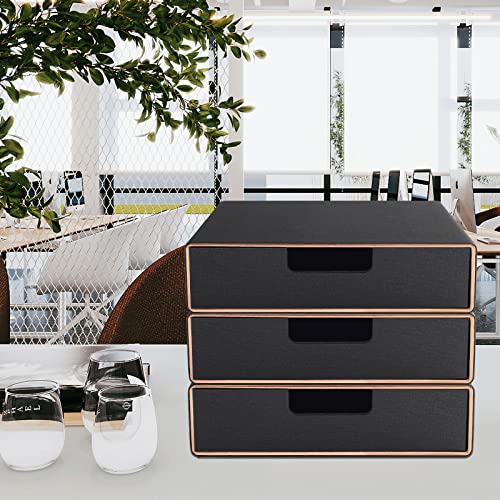 Stackable Organizer Drawer PU Leather Classic Handmade,Organize Home Office Desk Accessories and Sort Letter-Size Paper/a4 Document,Desk Caddy with Drawers Storage Box,13.1x10x3.7inches,Black - color: Black Linen Texture
