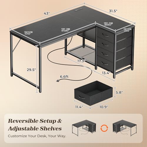 PRAISUN 43.3" Small L Shaped Desk with Power Outlets & 4 Drawers | Reversible Computer Desk with 2 Storage Shelves, Corner Office Desk for Gaming Writing Work Study, Black - color: Black, size: 43.3 Inch
