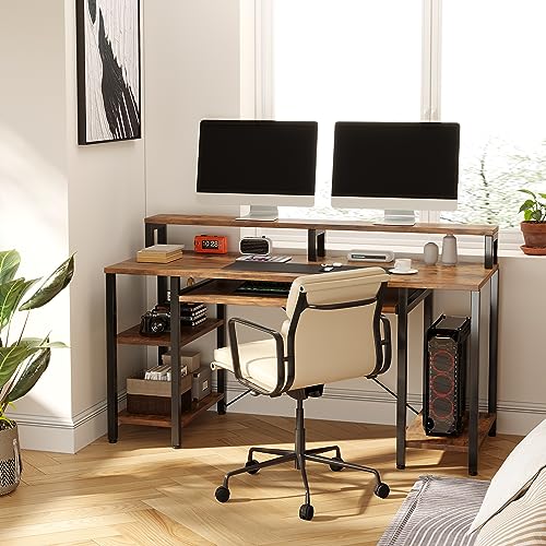 VERMESS 48Inch Computer Desk, Home Office Desks with Keyboard Tray, Gaming Desk with CPU Stand Shelf,Industrial Study Table Wide Writing Desk with Storage Shelves for 2 Monitors, Rustic Brown - color: Rustic Brown