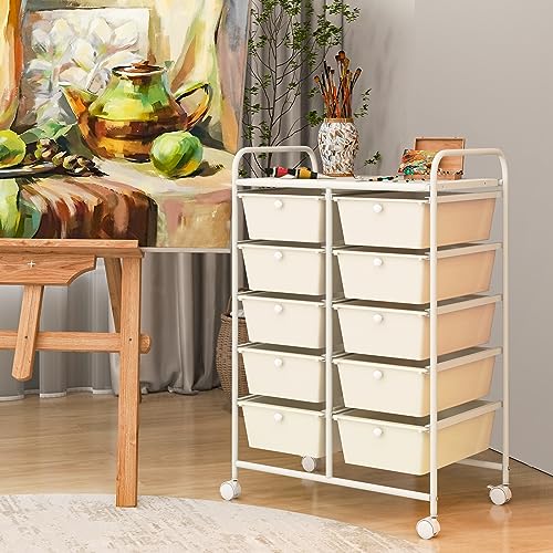RELAX4LIFE 10 Drawer Storage Cart - Ivory Metal Frame Rolling Art Cart Organizer with Lockable Wheels, Utility Cart for Crafting Storage, Office, Home, School - color: White, style: 10 Drawers