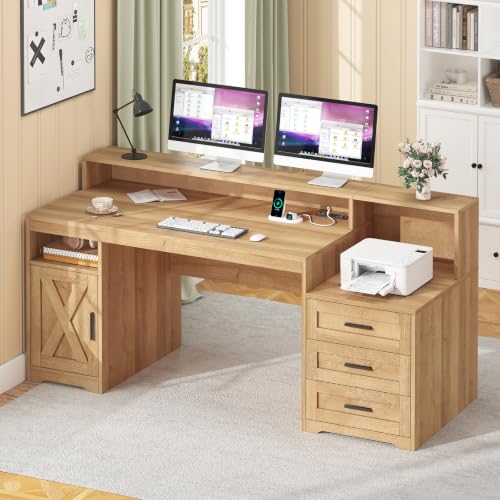 65" Farmhouse Computer Desk with Drawers and Printer Stand for Home Office - color: Oak