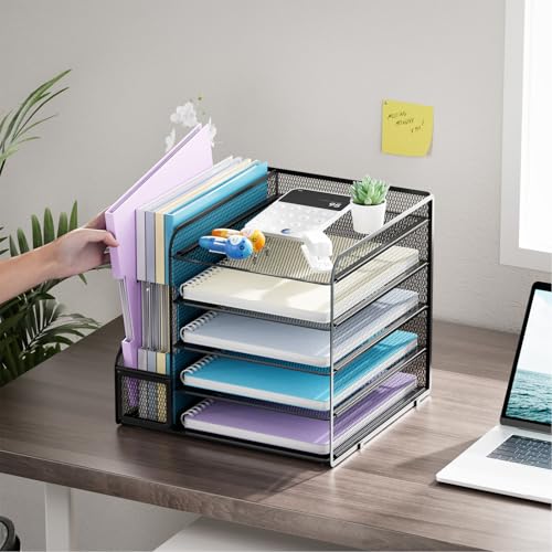 Marbrasse Desk Organizers and Accessories, 5-Tier Paper Letter Tray Organizer with File Holder, Mesh File Organizer, Office Desk Accessories & Organization for Supplies (Black) - color: Black