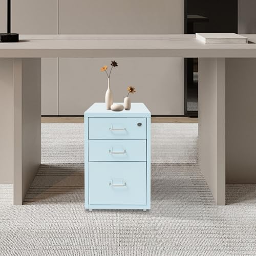 3-Drawer Mobile File Cabinet, 11*16*18.3in Locking Vertical File Cabinet Rolling Filing Cabinet Small Filing Cabinets Under Desk Locker Metal Mobile File Cabinet w/Tag Jacks for Office Study (Blue) - color: Blue