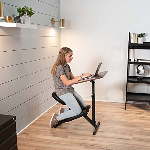 VIVO Kids' Kneeling Chair with 28 x 16 Inch Desk, Young Student Height Adjustable Posture Stool with Tilting Table for Home Study, Max 110 lbs, Black Cushions, Dark Wood Desktop, DESK-KN02D