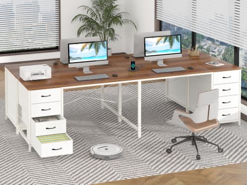 95" 2 Person Desk with 8 Fabric Drawers for Home Office, Living Room - color: Brown and White, size: 18.9"D x 94.5"W x 29.3"H