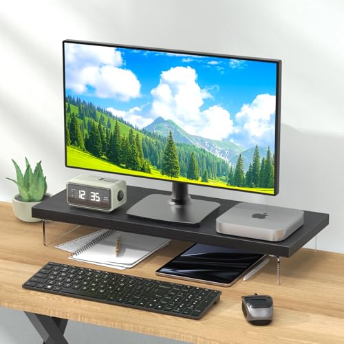 Monitor Stand Riser, 25x10 in Wood & Acrylic Computer Desk Organizer Shelf - color: Black Oak, size: 25*10 Inch