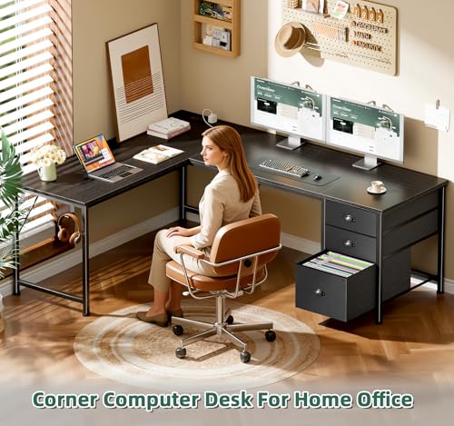 Furologee 63" L Shaped Desk with Power Outlets & USB-C Port, Reversible Corner Computer Desk with 3 Fabric Drawers, Hooks, Home Office Desk for Gaming, Writing, Work, Black - color: Black