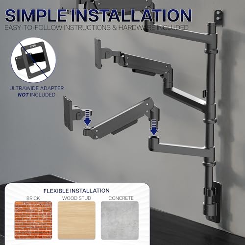 VIVO Pneumatic Arm Triple Ultrawide Monitor Wall Mount for Up to 49 inch Screens with Height Adjustment, Heavy Duty, Holds 3 Ultra Wides Up to 35.2 lbs, Black, MOUNT-VW300D - size: Triple Mount, style: Wall Mount