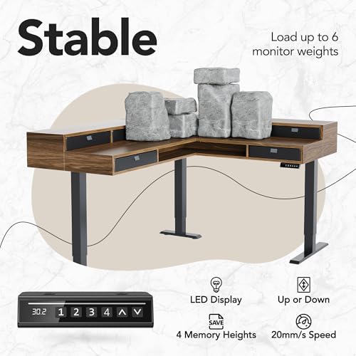 HUANUO 85" Electric L Shaped Standing Desk with File Cabinet, Walnut | 65"x58" 2-Tier L-Desk,File Cabinet, 6 Drawers,220lbs Carbon Steel,4 Memory Presets, 27.6"-46.5" Adjustable Height - color: Walnut, size: 6 Drawers+File Cabinet