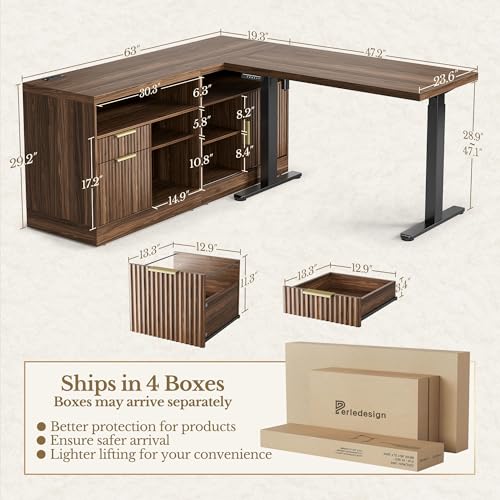 67 Inch L Shaped Executive Standing Desk with Storage Drawers | Electric Adjustable Height Desk with 2 File Cabinet, AC/USB, Fluted Sit Stand Corner Desk, 1.18" Desktop, Black Walnut