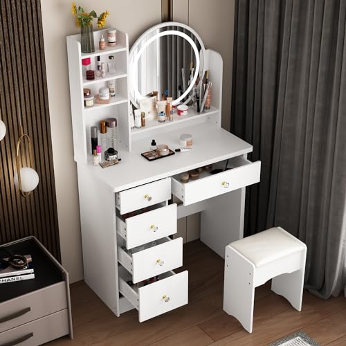 ECACAD Vanity Desk Set with LED Lighted Round Mirror, Makeup Dressing Table with 5 Drawers, Storage Shelves & Cushioned Stool for Bedroom, White - style: White-With Light