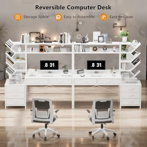 YOMILUVE 52" Computer Desk with Bookshelf, 5 Drawers & Hutch for Bedroom | White Office Desk with Printer Shelf, Study Writing Desk with Storage Shelves - color: White
