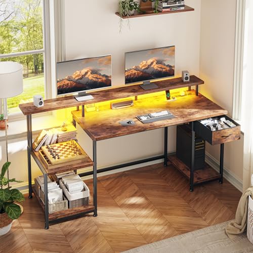 DurayLoly Computer Desk with 55" Long Monitor Stand, 18"Ample Printer Space | Storage Drawer and File Shelves,Versatile RGB LED Lighting,Built-In USB Outlet,Sturdy Metal Frame,Bedroom Writing Desk,Brown - color: Rustic Brown