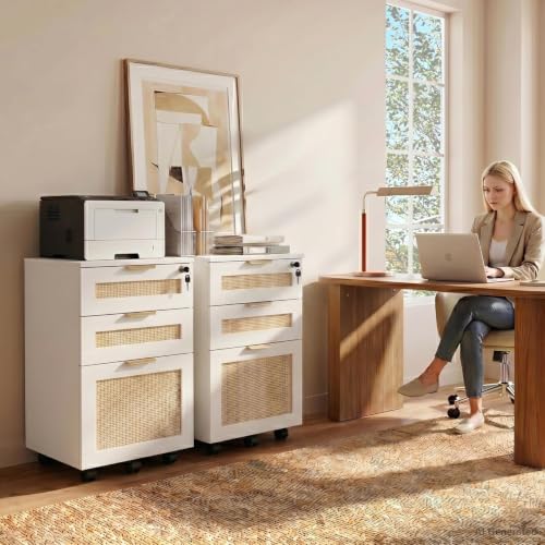 HOPUBUY 3 Drawer File Cabinet with Lock, Small Rattan - color: White, size: 15.8″Dx15.8″WX25.6″H