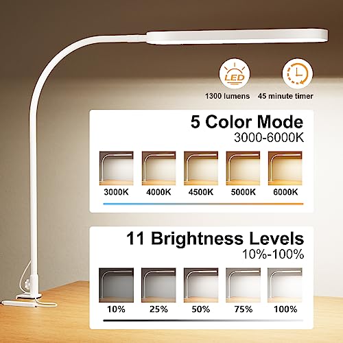 SKYLEO Led Desk Lamp - 33.5" Desk Light - Flexible Gooseneck - 5 Color Modes X 11 Brightness Levels - 1300LM - Timmer & Memory Function - 12W Clip on Light - White - style: White gooseneck