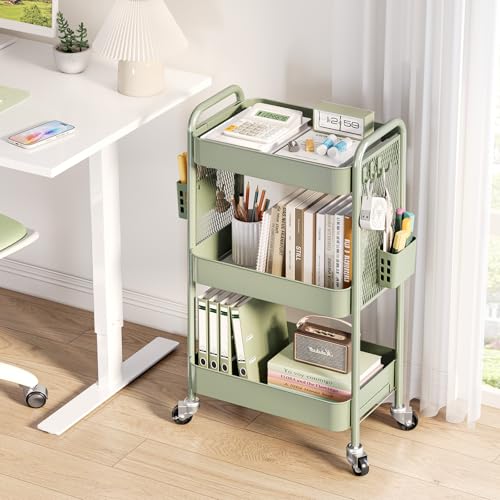 TOOLF 3 Tier Rolling Cart, Metal Utility Storage Cart with Pegboard, Green | 2 Bins & 4 Hooks, Screwless Assembly, Lockable Wheels, Trolley Organizer for Bathroom, Kitchen, Office, Dorm, Craft Room - color: Green, size: 3-Tier