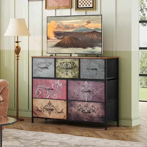WLIVE 7 Drawer Dresser TV Stand, Entertainment Center, Media Console Table with Metal Frame and Wood Top for TV up to 45 inch, Chest of Drawers for Bedroom, Living Room, Pattern - color: Pattern