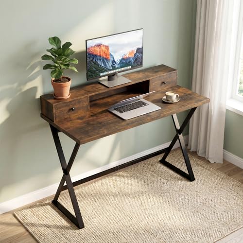 Manora Computer Desk with Drawers and Monitor Stand, 47" Home Office Desk with Storage Shelf, Rustic Brown Writing Study Table with Metal Frame for Bedroom, Workstation for Laptop PC