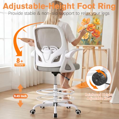 ORRSAKER Drafting Chair, Tall Office Chair with Flip-up Arms, Mesh Ergonomic Computer Standing Desk Chair with Adjustable Height Foot Ring and Lumbar Support, 300 LBS Capacity, Gray - color: Grey