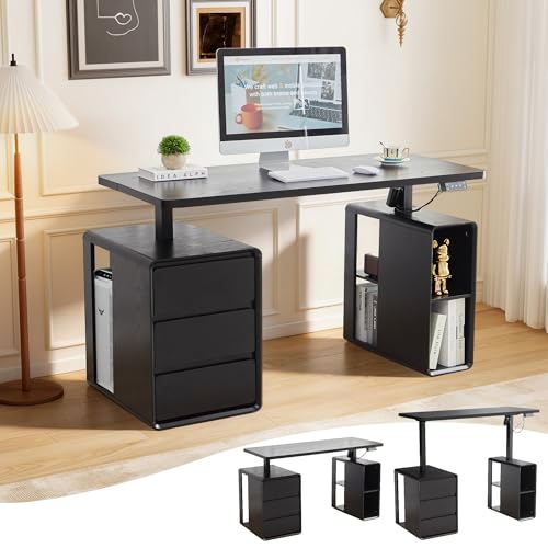 Electric Standing Desk with Drawers, 55" Office Desk Height Adjustable Executive Desk with Storage Shelves, Simple Setup Wood Desk Home Office Stand up Desk for Work, Study, Writing, Black - color: 55'' Black