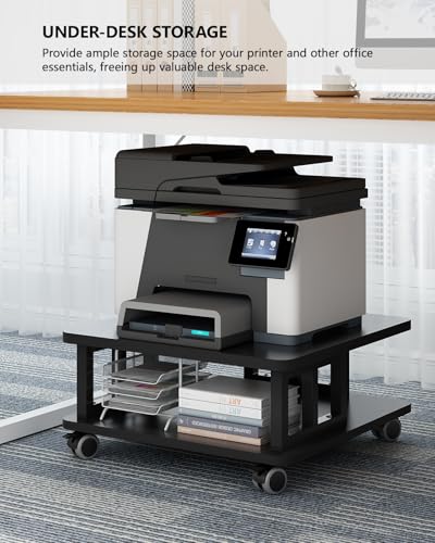 Mobile Printer Stand, 2-Tier Large Printer Shelf for Laser 3D Printer Office Machine with Storage, 23.6"x23.6" Wood Printer Cart Under Desk Rack with Wheels for Office Home Kitchen (Black) - color: Black