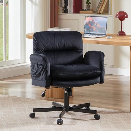 Bestier Criss Cross Chair with Flip-Up Arms, Black Velvet Office Chair | Swivel Makeup Vanity Chair with Wheels 2 Side Pockets, Cross Legged Office Chair for Home Office Bedroom Gaming - color: Black Velvet, size: Low Back