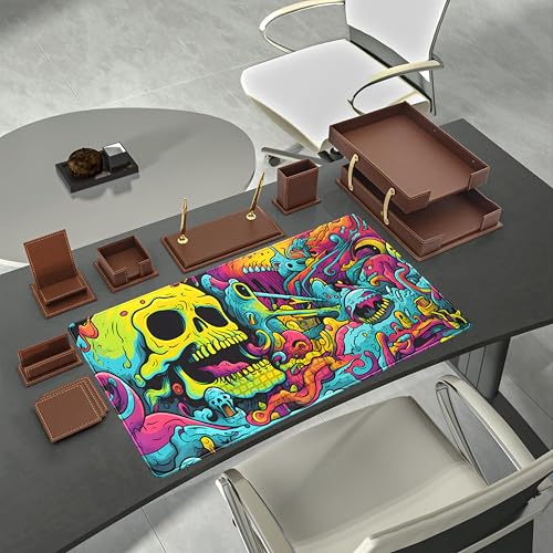 Gaming Desk Mat Skull Desk Pad Extended Mouse Pad XXL, Cool Mouse and Keyboard Mat Big Desktop Mats for Desk, Laptop Mat with Non-Slip Base & Stitched Edges, Office Decor for Men 31.5" x 15.7" - color: Neon Monster