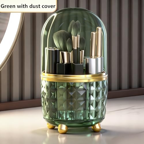 GOTOBA 360° Rotating Dust-Proof Multi-Purpose Storage Organizer - Perfect for Silverware, Utensils (Forks, Knives) & Makeup Brushes, Countertop Holder for Kitchen & Vanity - color: Green with cover