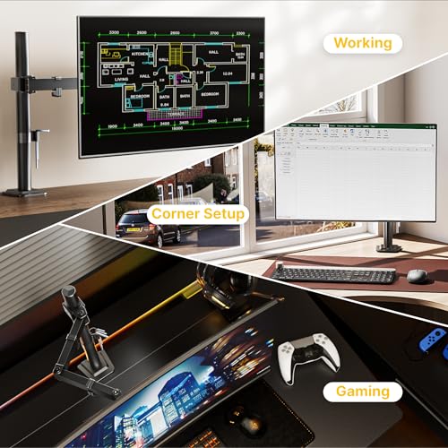 monTEK Extra-Long Monitor Arm for 17-32" Screens, 22 lbs | Articulating desk mount, extended reach, height adjustment, tilt, swivel, clamp/grommet bases and VESA 75/100 - size: Single Monitor