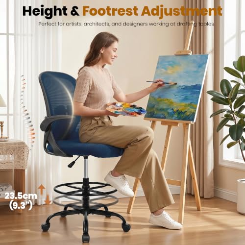 Primy Drafting Chair Tall Office Chair with Flip-up Armrests Executive Ergonomic Computer Standing Desk Chair with Lumbar Support and Adjustable Footrest Ring (Navy) - color: Navy, size: 934-Z